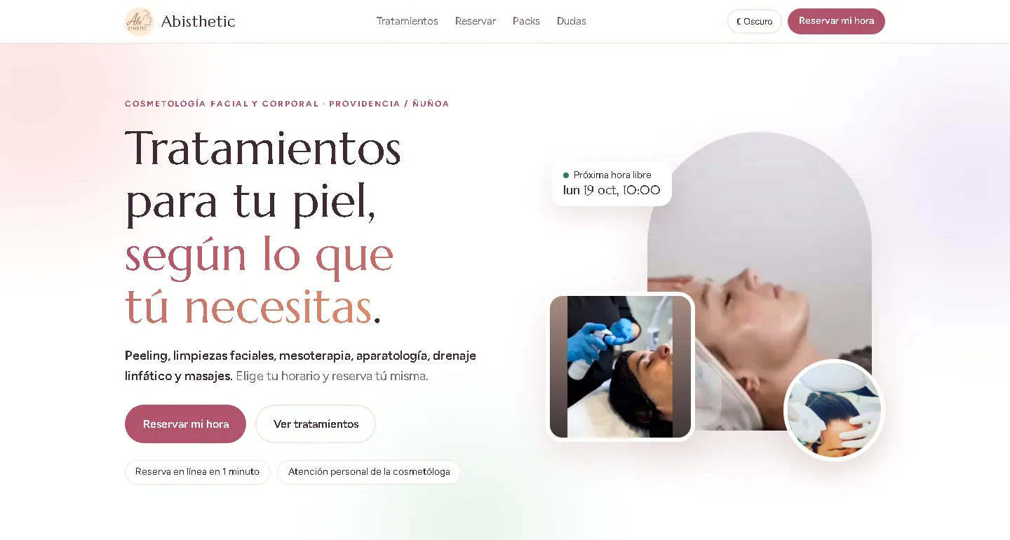 Página de inicio de Abisthetic con el botón Reservar mi hora