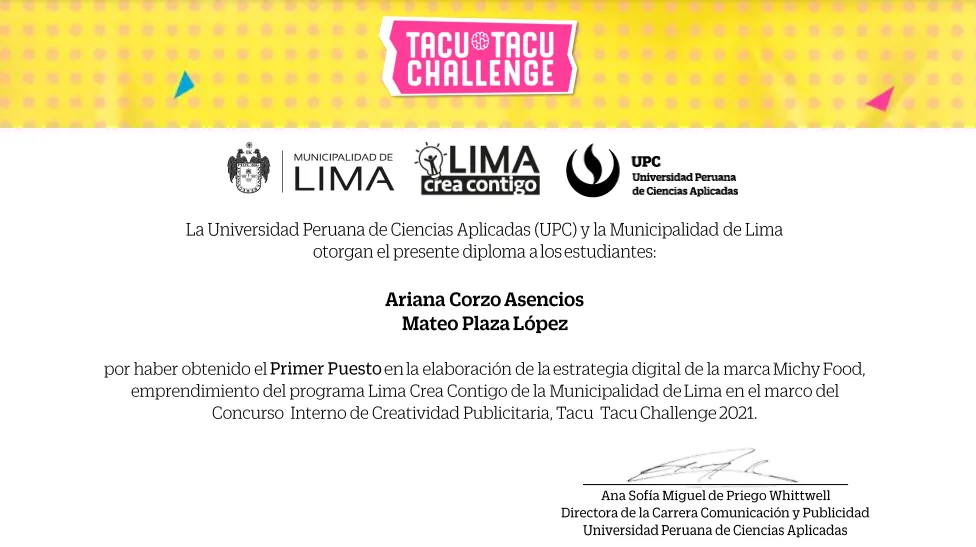 Diploma del primer puesto en el Tacu Tacu Challenge otorgado por la UPC y la Municipalidad de Lima