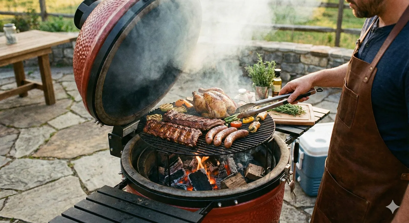 Kamado rojo con carnes a la parrilla