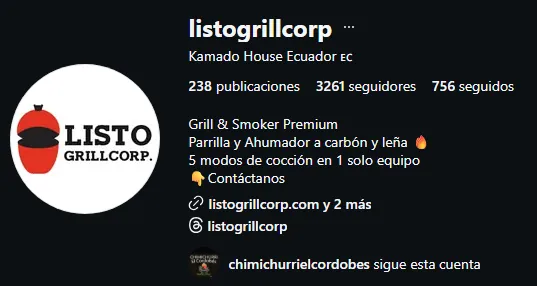 Perfil de Instagram de Listo Grill Corp con 3,261 seguidores